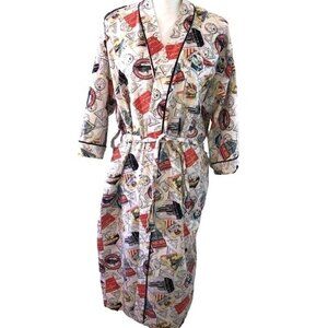 Ax’ent Robe Womens Unisex Vintage Travel Stamp Print White Cotton Waist Tie